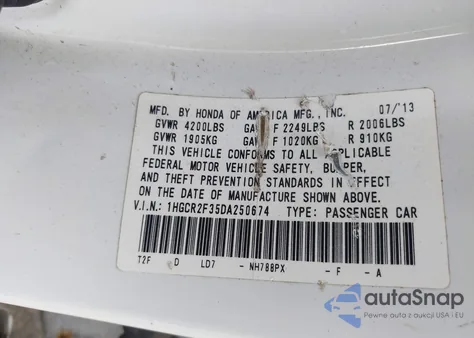 2013 Honda Accord Lx из США, поврежденный, VIN 1HGCR2F35DA250674